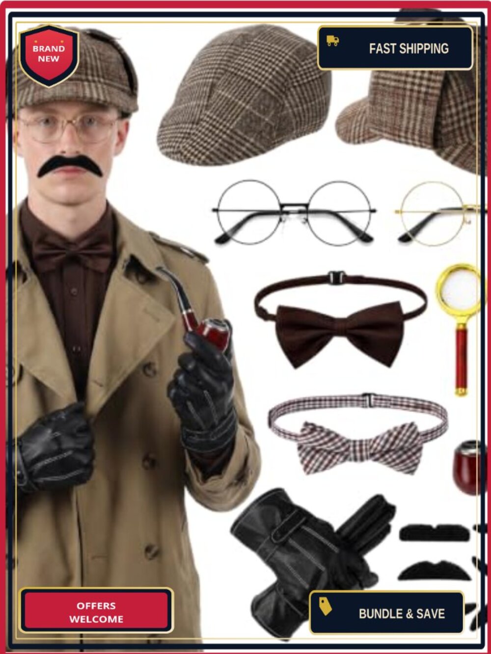 17Pc Detective Pretend Play Set Plaid Hat Magnifying Glass Costume Accessories